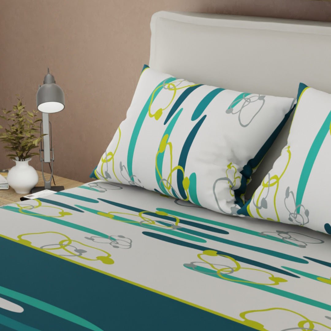 Sábana Ajustable Sueños Líneas de Océano Verde Azul y Blanco para Cama Queen 160 X 190 Cm Lineas Y Circulos - SABANAS | Bylmo