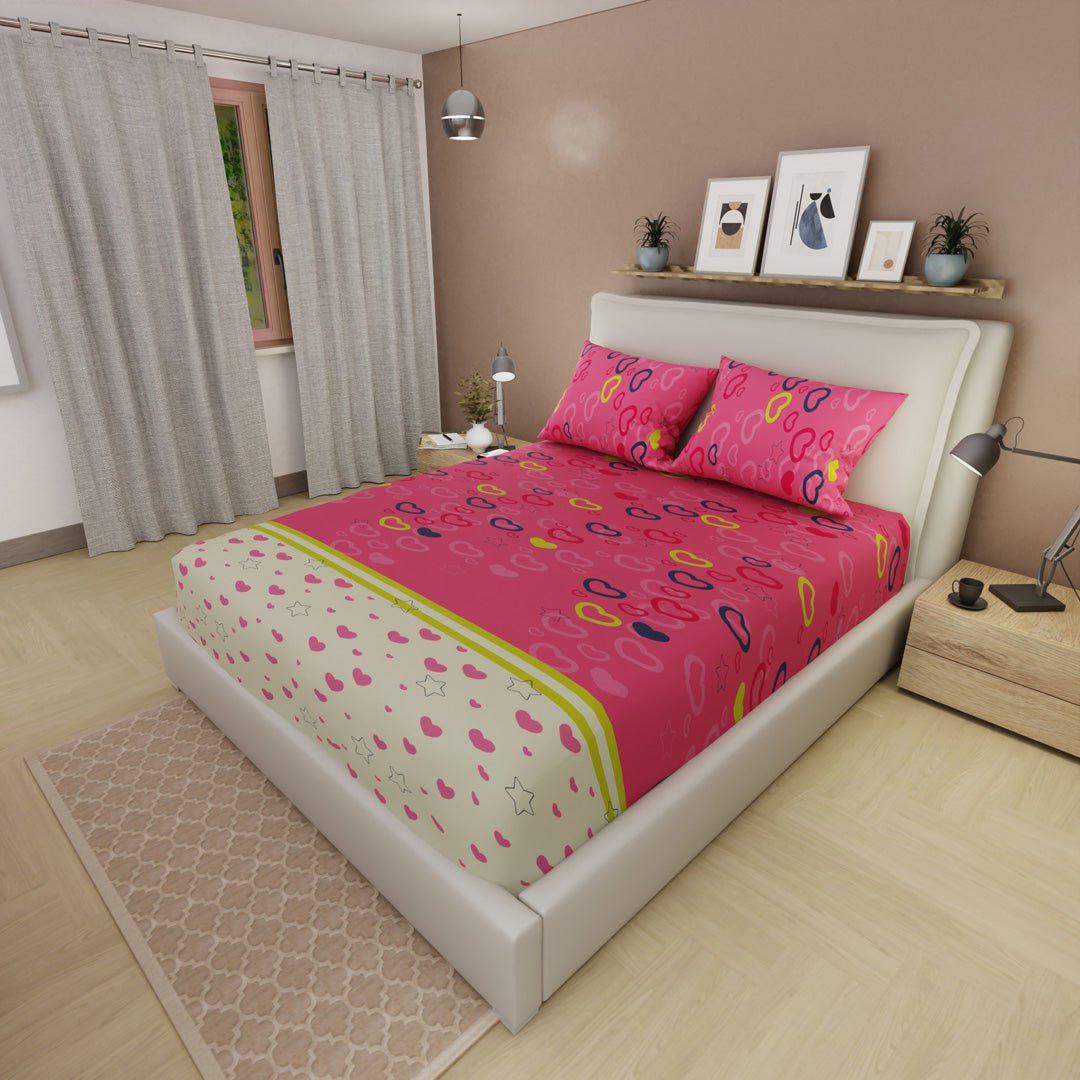 Sábana Ajustable Explosión de Amor Rosado y Blanco para Cama Queen 160 X 190 Cm Estrellas Y Corazones - SABANAS | Bylmo