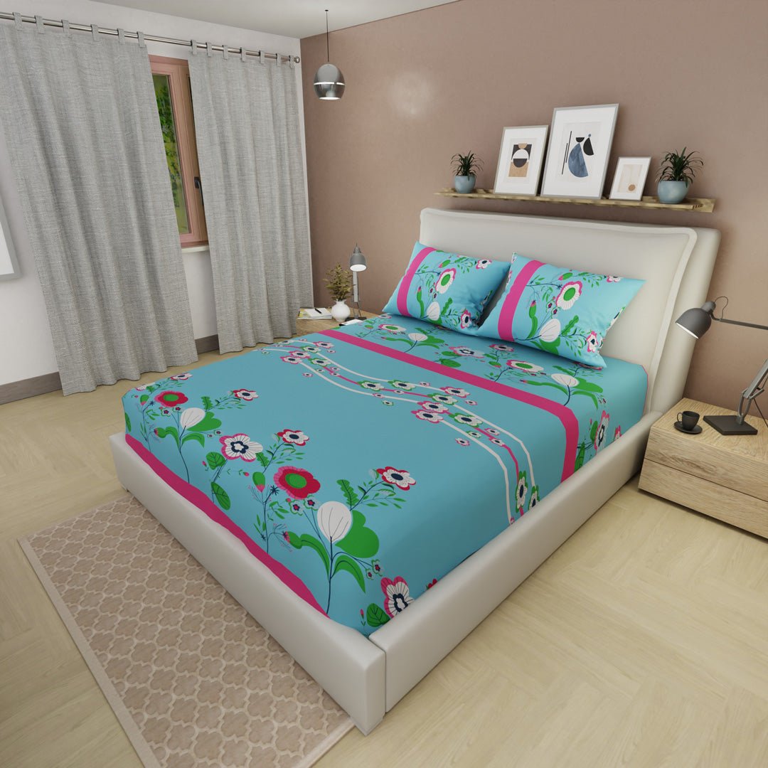 Sábana Ajustable Floralia Coral Azul y Fucsia para Cama Queen 160 X 190 Cm Flores - SABANAS | Bylmo