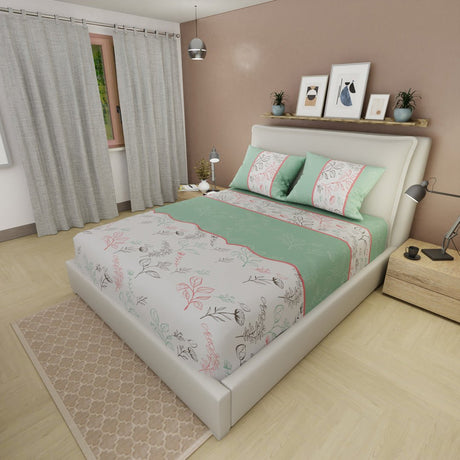 Sábana Ajustable Sueños Botánicos Blanco y Verde para Cama Queen 160 X 190 Cm Hojas Y Flores - SABANAS | Bylmo