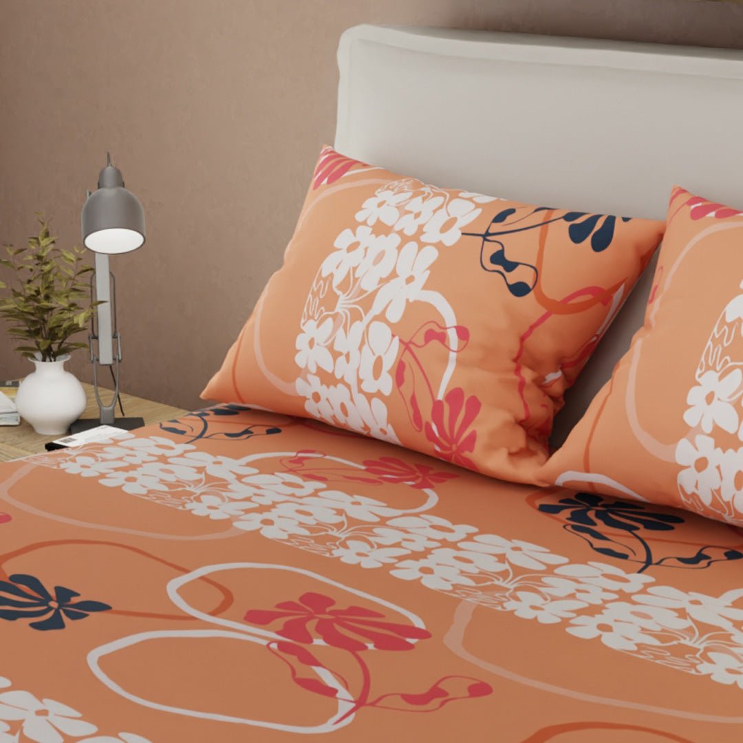 Sábana Ajustable Sueños Petalia Naranja y Blanco para Cama Queen 160 X 190 Cm Flores - SABANAS | Bylmo