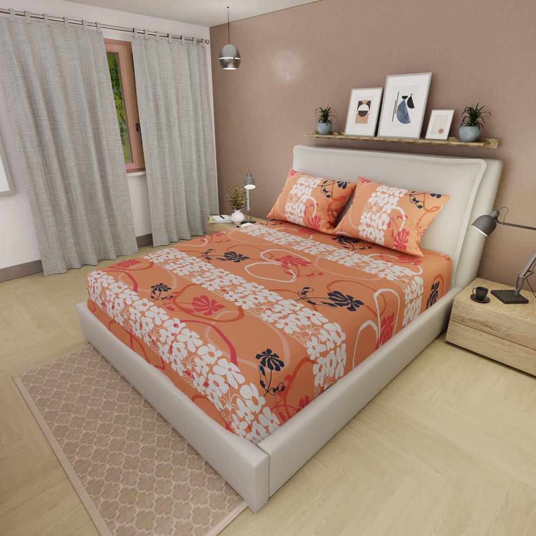 Sábana Ajustable Sueños Petalia Naranja y Blanco para Cama Sencilla 100 X 190 Cm Flores - SABANAS | Bylmo
