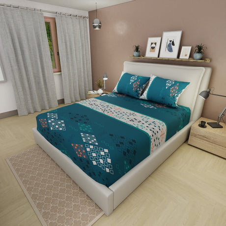 Sábana Ajustable Sueños Prisma Verde Azul y Blanco para Cama Sencilla 100 X 190 Cm Rombos - SABANAS | Bylmo