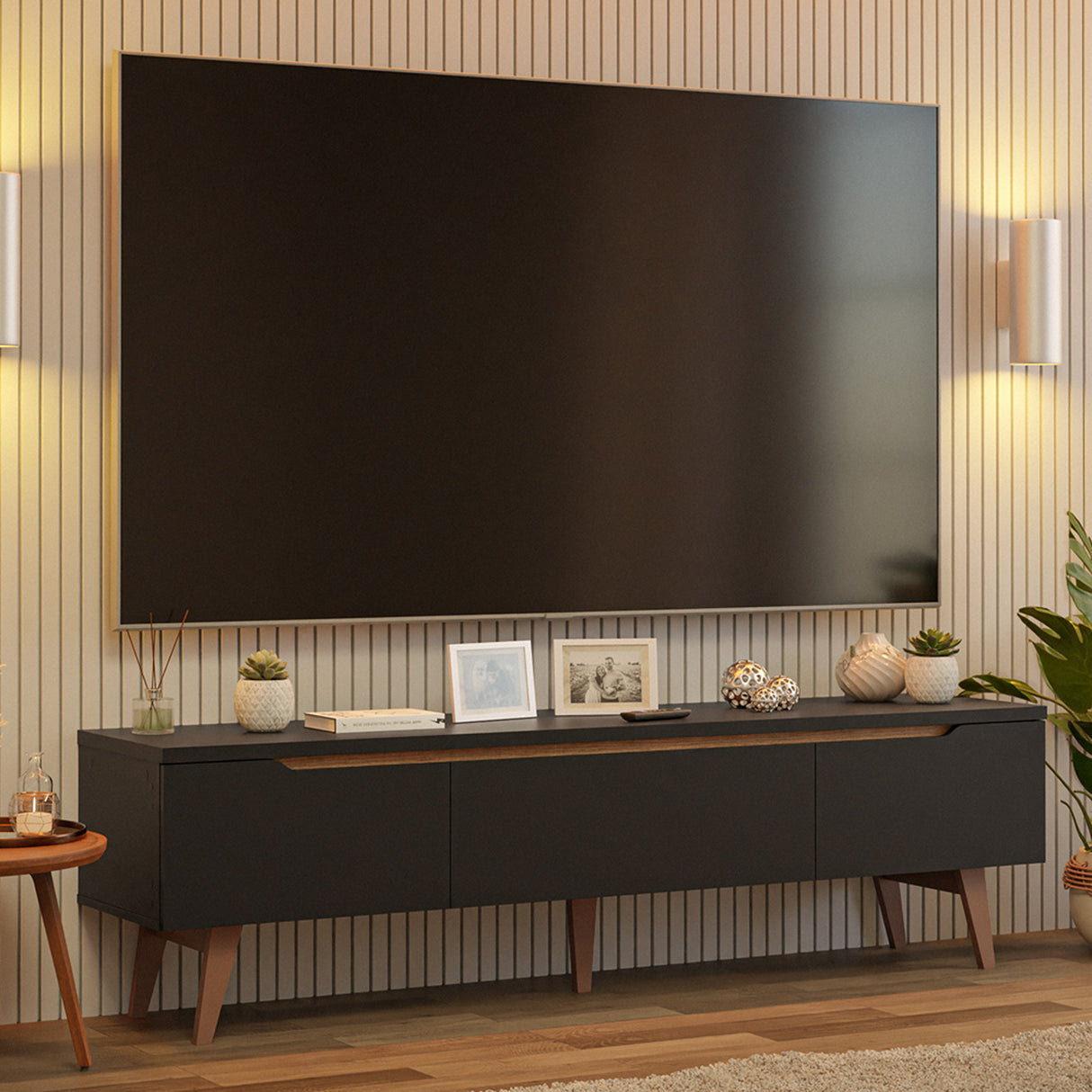 Rack de TV Doha Negro y Marrón 180x50cm para TV Hasta 80" Pulgadas con Un cajón y Dos Compartimientos - MUEBLES DE TV | Bylmo