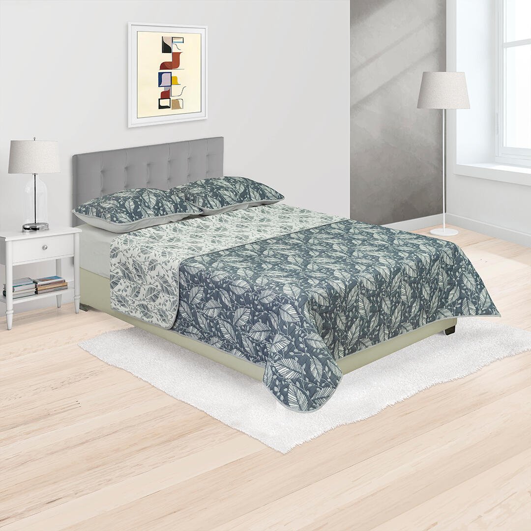 Cubrelecho Trama Blanco y Azul Oscuro para Cama Doble 140 X 190 Cm Prensado de Hojas - TENDIDOS Y CUBRELECHOS | Bylmo