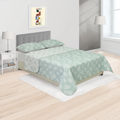 Cubrelecho Trama Blanco y Verde Menta para Cama Doble 140 X 190 Cm Prensado de Hojas - TENDIDOS Y CUBRELECHOS | Bylmo