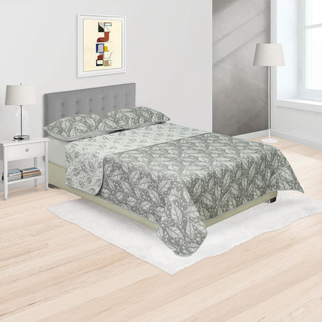 Cubrelecho Trama Blanco y Gris para Cama Doble 140 X 190 Cm Prensado de Hojas - TENDIDOS Y CUBRELECHOS | Bylmo