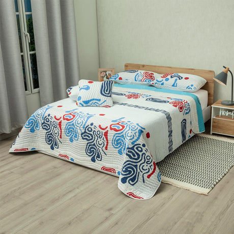 Cubrelecho Sendero Tribal Blanco y Azul para Cama Sencilla 100 X 190 Cm Prensado de Tribal - TENDIDOS Y CUBRELECHOS | Bylmo