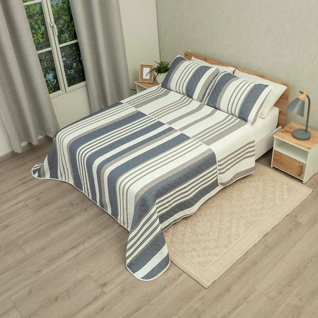 Cubrelecho Doble Faz Trama Gris y Blanco para Cama Doble 140 X 190 Cm Prensado de Lineas - TENDIDOS Y CUBRELECHOS | Bylmo