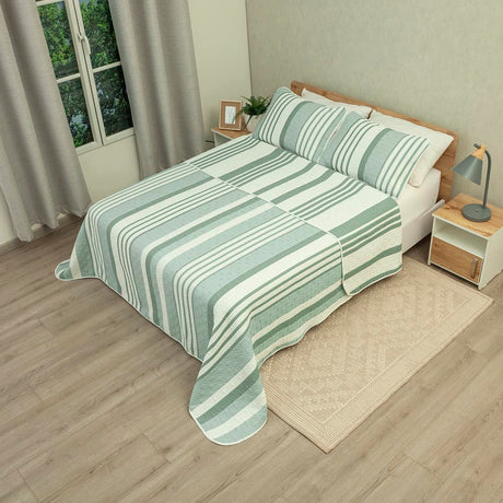 Cubrelecho Doble Faz Trama Verde y Blanco para Cama King 200 X 200 Cm Prensado de Lineas - TENDIDOS Y CUBRELECHOS | Bylmo