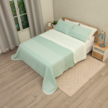 Cubrelecho Doble Faz Trama Verde Arena y Blanco para Cama Doble 140 X 190 Cm Prensado Fondo Entero - TENDIDOS Y CUBRELECHOS | Bylmo