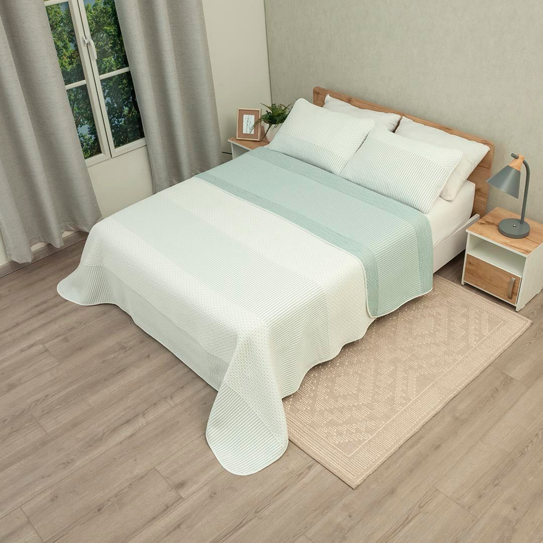 Cubrelecho Doble Faz Trama Verde Arena y Blanco para Cama Doble 140 X 190 Cm Prensado Fondo Entero - TENDIDOS Y CUBRELECHOS | Bylmo