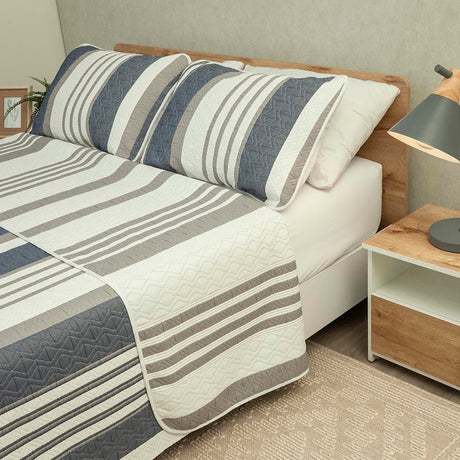 Cubrelecho Doble Faz Trama Gris y Blanco para Cama Queen 160 X 190 Cm Prensado de Lineas - TENDIDOS Y CUBRELECHOS | Bylmo