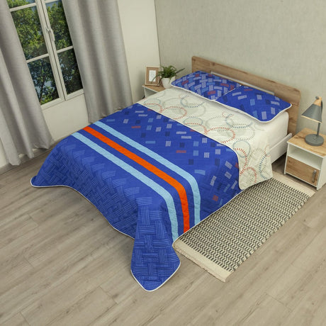 Cubrelecho Doble Faz City Code Blanco y Azul para Cama Doble 140 X 190 Cm Prensado de Lineas Y Circulos - TENDIDOS Y CUBRELECHOS | Bylmo