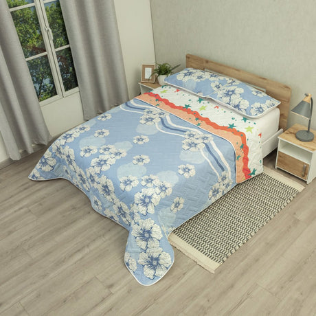Cubrelecho Doble Faz Ecos de Cielo Naranja y Azul para Cama Doble 140 X 190 Cm Prensado de Estrellas Y Flores - TENDIDOS Y CUBRELECHOS | Bylmo
