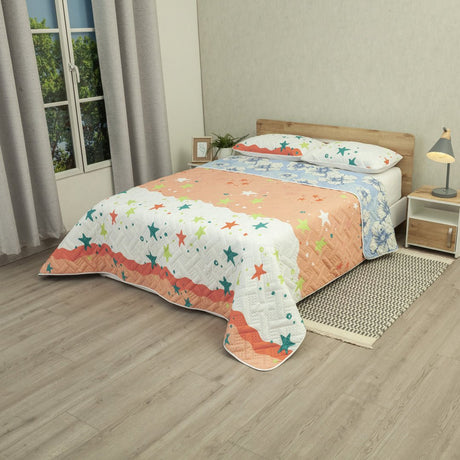 Cubrelecho Doble Faz Ecos de Cielo Naranja y Azul para Cama Doble 140 X 190 Cm Prensado de Estrellas Y Flores - TENDIDOS Y CUBRELECHOS | Bylmo