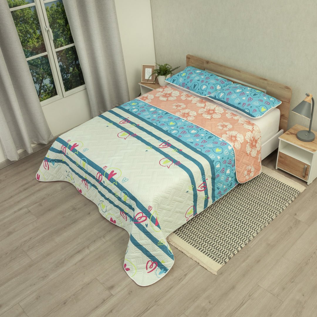 Cubrelecho Doble Faz Dúo Vibrante Naranja y Blanco para Cama Doble 140 X 190 Cm Prensado de Corazones Y Flores - TENDIDOS Y CUBRELECHOS | Bylmo