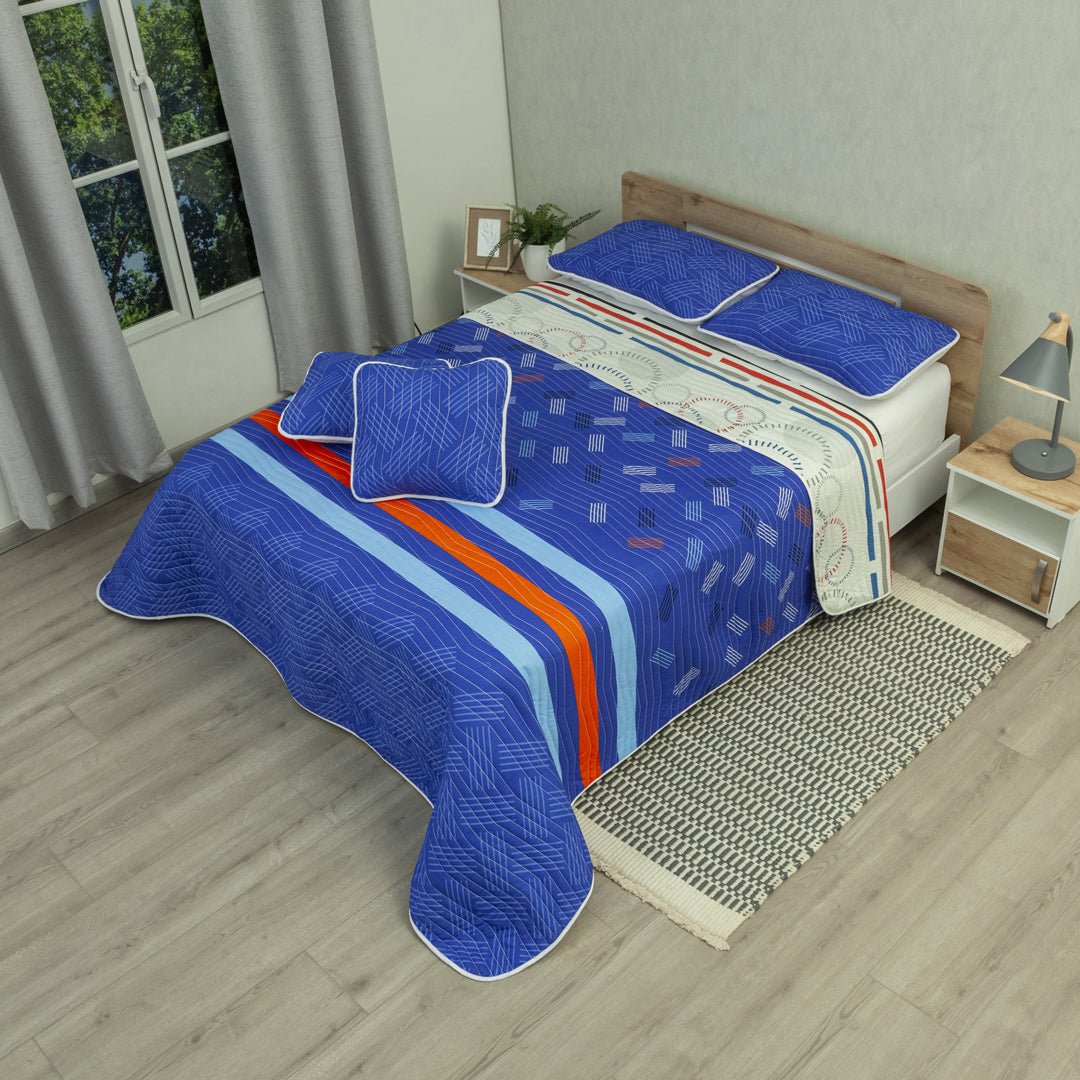 Cubrelecho City Code Blanco y Azul para Cama King 200 X 200 Cm Prensado de Lineas Y Circulos - TENDIDOS Y CUBRELECHOS | Bylmo