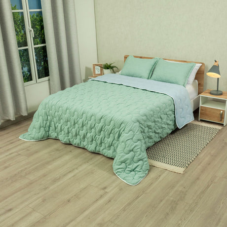 Cubrelecho Flora Verde y Azul para Cama Doble 140 X 190 Cm Fondo Entero - TENDIDOS Y CUBRELECHOS | Bylmo