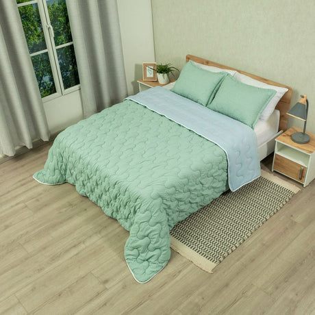 Cubrelecho Flora Verde y Azul para Cama Doble 140 X 190 Cm Fondo Entero - TENDIDOS Y CUBRELECHOS | Bylmo