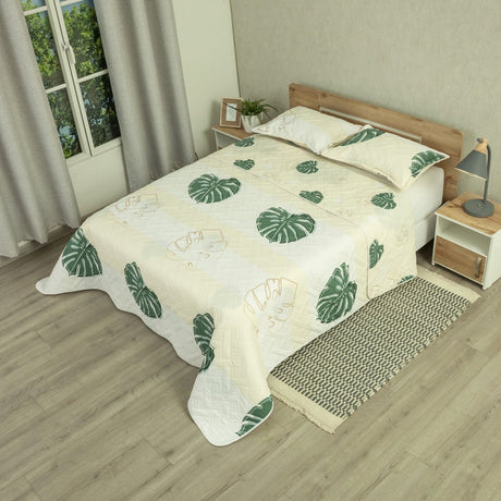 Cubrelecho Doble Faz Style Eco Hojas Blanco y Verde para Cama Doble 140 X 190 Cm de Hojas - TENDIDOS Y CUBRELECHOS | Bylmo