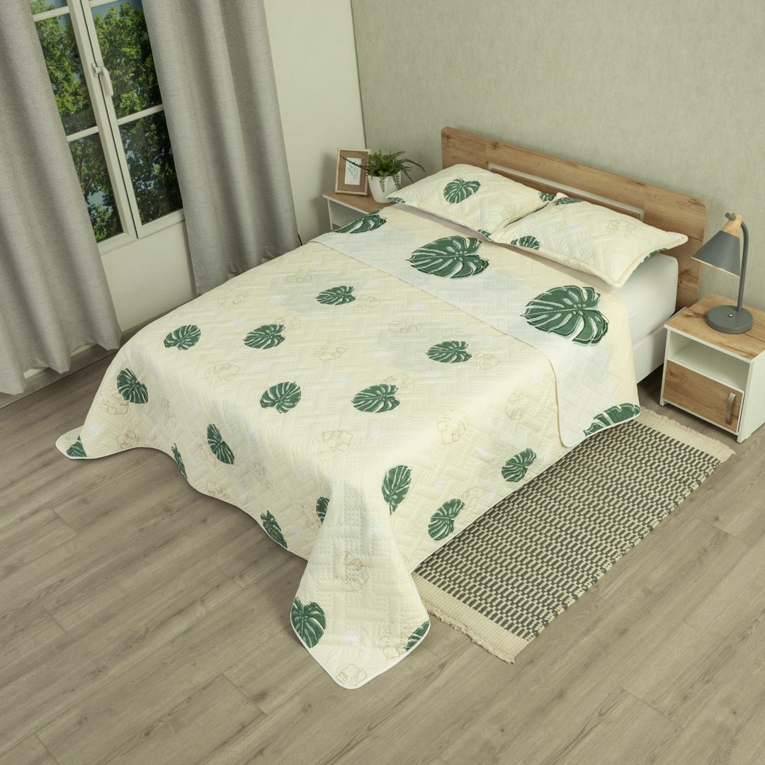 Cubrelecho Doble Faz Style Eco Hojas Blanco y Verde para Cama Doble 140 X 190 Cm de Hojas - TENDIDOS Y CUBRELECHOS | Bylmo