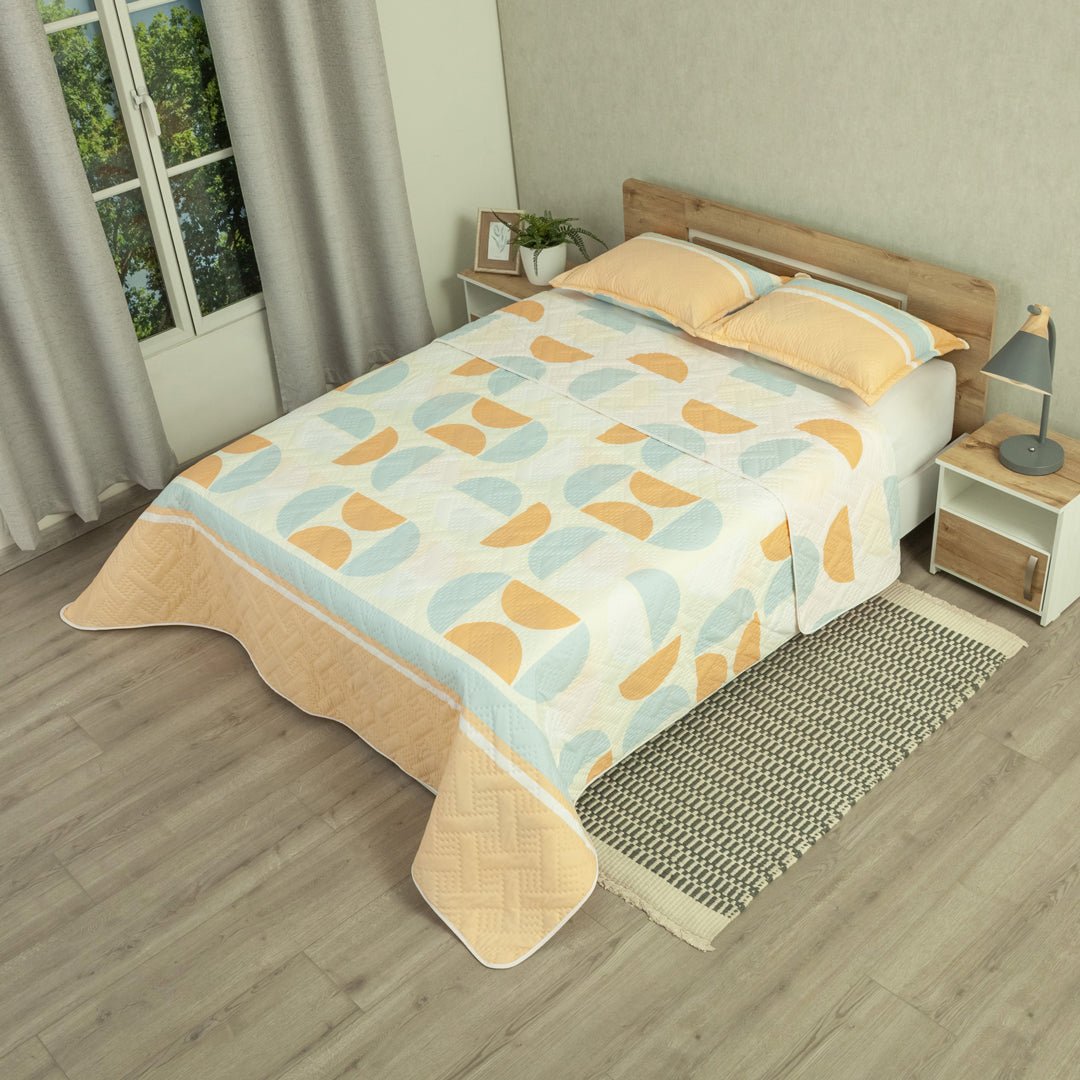 Cubrelecho Doble Faz Style Curvas del Tiempo Blanco y Naranja para Cama Doble 140 X 190 Cm de Semicirculos - TENDIDOS Y CUBRELECHOS | Bylmo