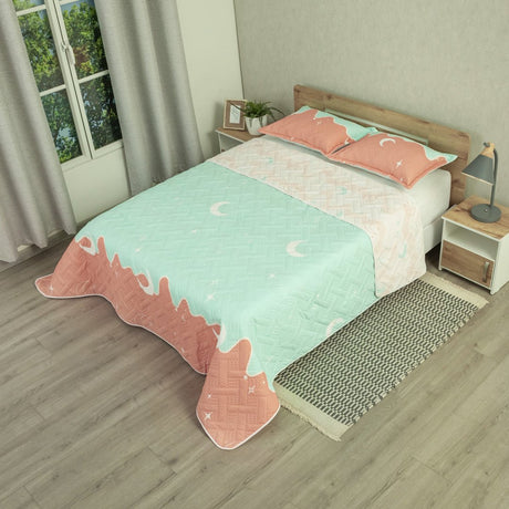 Cubrelecho Doble Faz Style Sueño Lunar Rosado Claro y Naranja Claro para Cama Doble 140 X 190 Cm de Lunas - TENDIDOS Y CUBRELECHOS | Bylmo