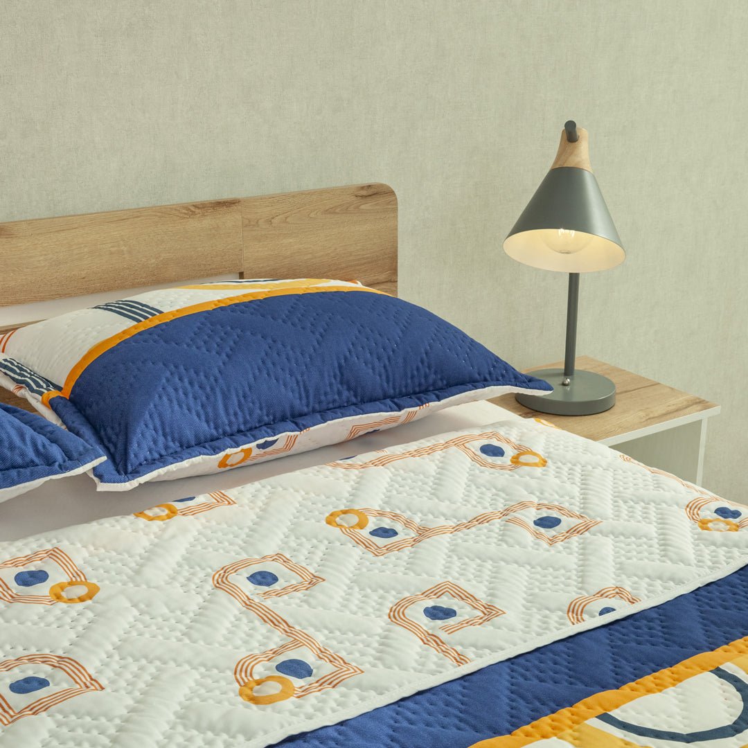 Cubrelecho Doble Faz Style Órbita Blanco y Azul Oscuro para Cama Doble 140 X 190 Cm de Lineas Y Puntos - TENDIDOS Y CUBRELECHOS | Bylmo