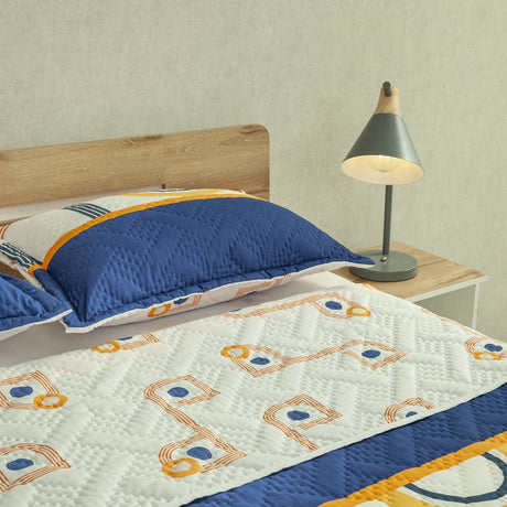 Cubrelecho Doble Faz Style Órbita Blanco y Azul Oscuro para Cama Doble 140 X 190 Cm de Lineas Y Puntos - TENDIDOS Y CUBRELECHOS | Bylmo