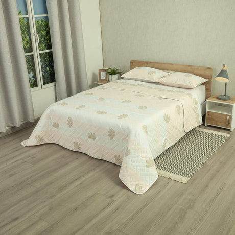 Cubrelecho Doble Faz Style Encanto Pastel Rosa Claro y Blanco para Cama King 200 X 200 Cm de Hojas - TENDIDOS Y CUBRELECHOS | Bylmo
