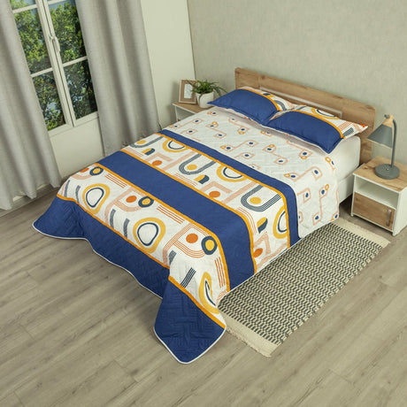 Cubrelecho Doble Faz Style Órbita Blanco y Azul Oscuro para Cama King 200 X 200 Cm de Lineas Y Puntos - TENDIDOS Y CUBRELECHOS | Bylmo