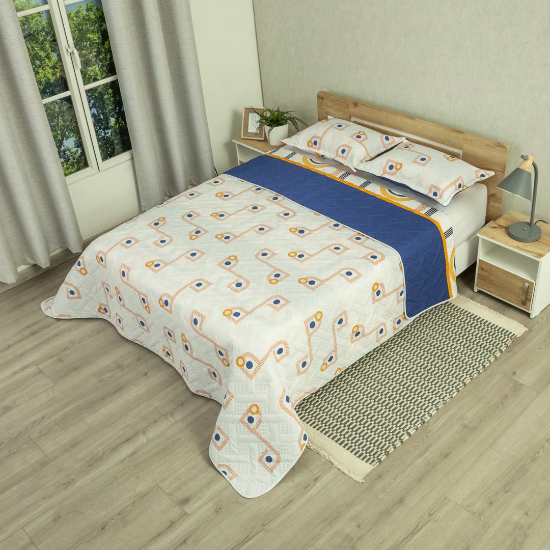 Cubrelecho Doble Faz Style Órbita Blanco y Azul Oscuro para Cama King 200 X 200 Cm de Lineas Y Puntos - TENDIDOS Y CUBRELECHOS | Bylmo