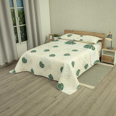 Cubrelecho Doble Faz Style Eco Hojas Blanco y Verde para Cama King 200 X 200 Cm de Hojas - TENDIDOS Y CUBRELECHOS | Bylmo