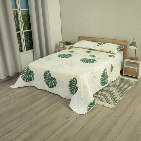 Cubrelecho Doble Faz Style Eco Hojas Blanco y Verde para Cama Semidoble 120 X 190 Cm de Hojas - TENDIDOS Y CUBRELECHOS | Bylmo