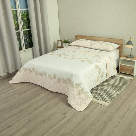 Cubrelecho Doble Faz Style Encanto Pastel Rosa Claro y Blanco para Cama Semidoble 120 X 190 Cm de Hojas - TENDIDOS Y CUBRELECHOS | Bylmo