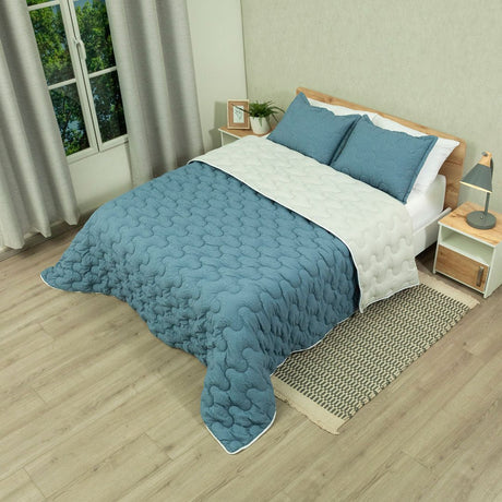 Cubrelecho Flora Azul y Blanco para Cama Queen 160 X 190 Cm Fondo Entero - TENDIDOS Y CUBRELECHOS | Bylmo