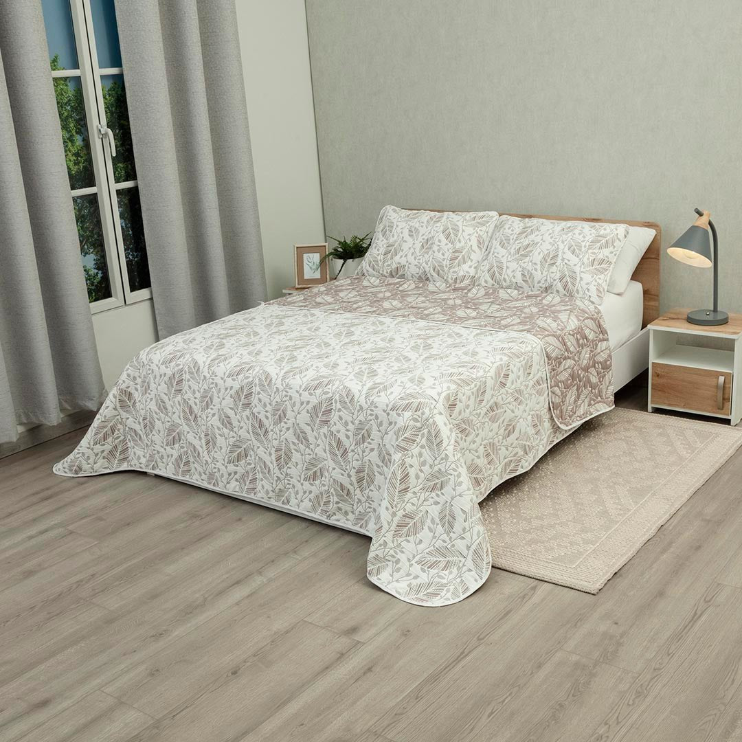 Cubrelecho Doble Faz Trama Café y Blanco para Cama Doble 140 X 190 Cm Prensado de Hojas - TENDIDOS Y CUBRELECHOS | Bylmo