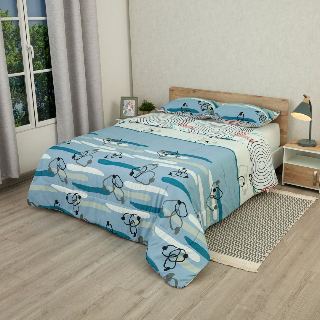 Cubrelecho Semi Acolchado Fusión Moderna Azul y Blanco para Cama Doble 140 X 190 Cm de Circulos Entrelazados - TENDIDOS Y CUBRELECHOS | Bylmo