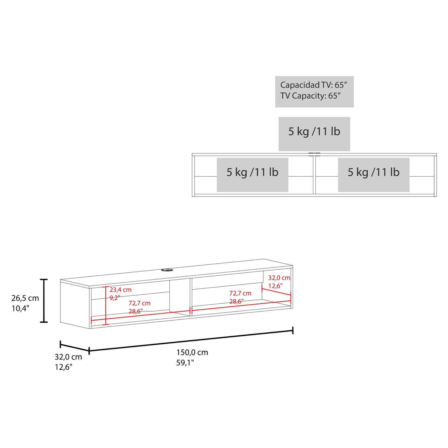 Rack de TV Cartagena 150x26.5cm para TV Hasta 65" Pulgadas Flotante con Dos Compartimientos y con Ranuras para Cables - MUEBLES DE TV | Bylmo