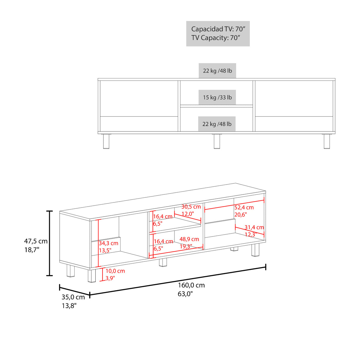 Rack de TV Nomik Avellana 160x47.5cm para TV Hasta 70" Pulgadas con Tres Compartimientos - MUEBLES DE TV | Bylmo