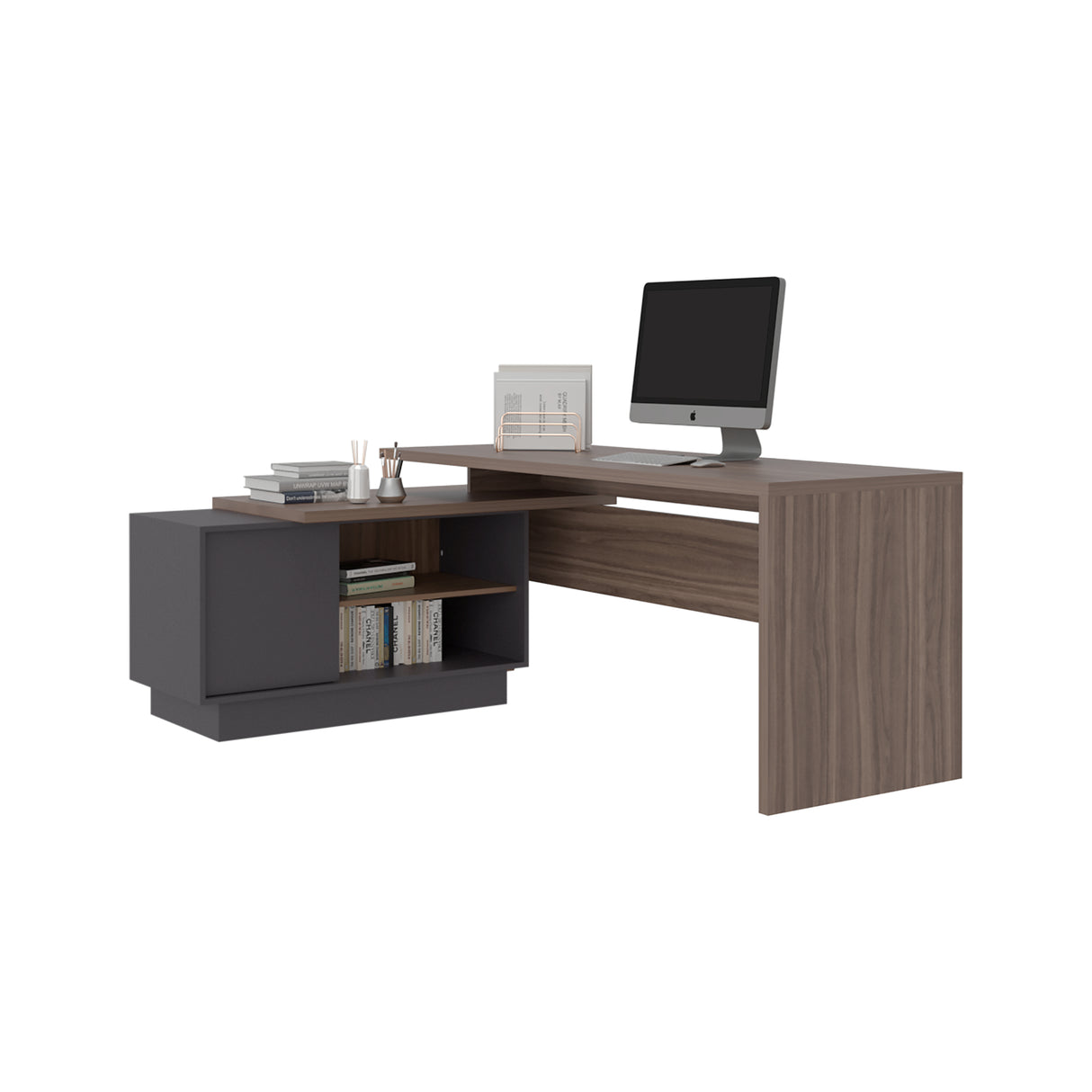 Escritorio en L Office Avellana 179x71.2cm con Organizador de Libros sin Cajones - ESCRITORIOS | Bylmo