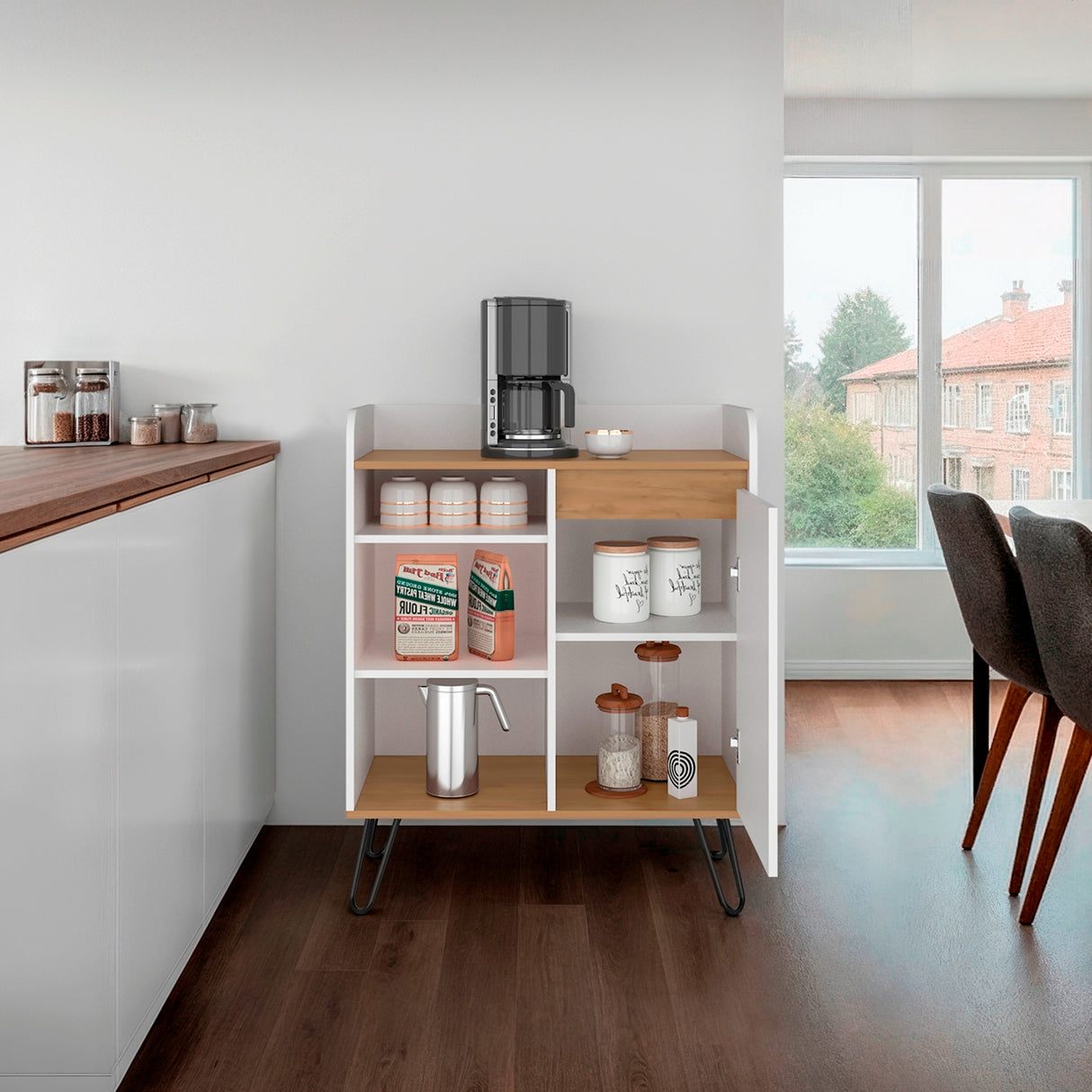 Estación de Café Espresso Fresno Europeo y Blanco 80x99.4cm con Tres Entrepaños y con Cinco Compartimientos - BARRAS Y MUEBLES AUXILIARES | Bylmo