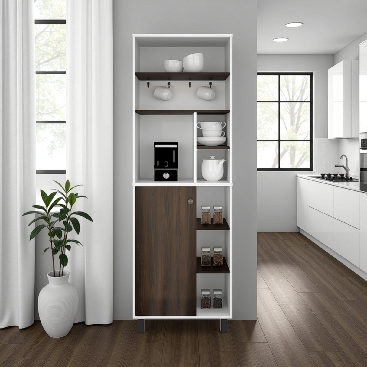 Estación de Café Carajillo Blanco Marquez y Nogal 60x180cm con Cuatro Entrepaños y con Diez Compartimientos - BARRAS Y MUEBLES AUXILIARES | Bylmo