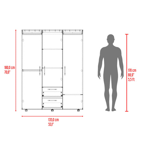 Closet Baru Lite Bardolino 135x180cm con Cinco Compartimientos y con Tres Puertas - CLOSETS | Bylmo
