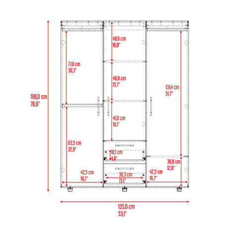 Closet Baru Lite Bardolino 135x180cm con Cinco Compartimientos y con Tres Puertas - CLOSETS | Bylmo