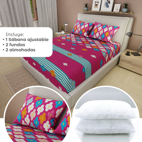 Combo Juego de Sabanas y Cortina Fiesta Floral Fucsia y Azul para Cama Doble 140 X 190 Cm de Flores Y Lineas - SABANAS | Bylmo