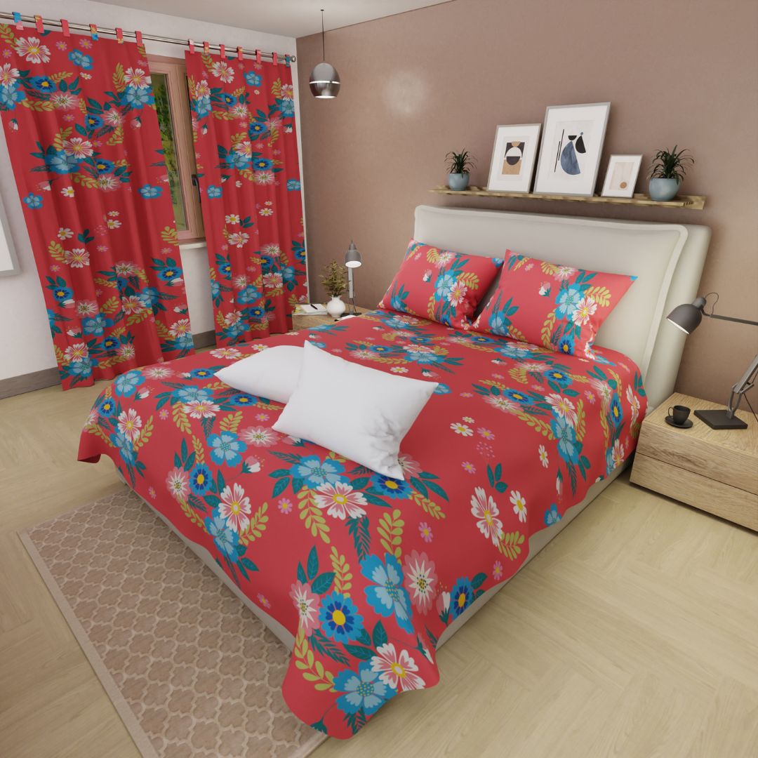 Combo Juego de Sabanas y Cortina Floral Salmón para Cama Doble 140 X 190 Cm de Hojas Y Flores - SABANAS | Bylmo