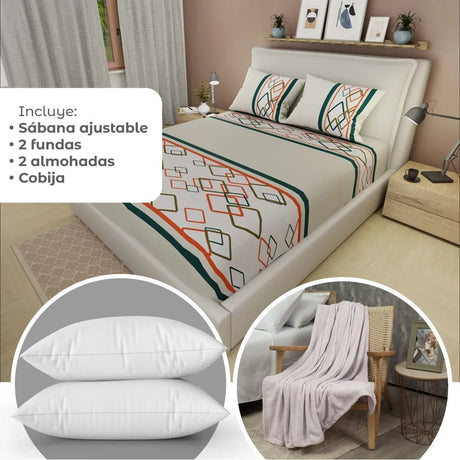 Combo Juego de Sabanas y Cortina Super Confort Blanco y Beige para Cama Doble 140 X 190 Cm de Figuras Entrelazadas - SABANAS | Bylmo