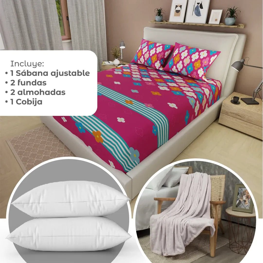 Combo Juego de Sabanas y Cortina Super Confort Fucsia y Azul para Cama Doble 140 X 190 Cm de Flores - SABANAS | Bylmo